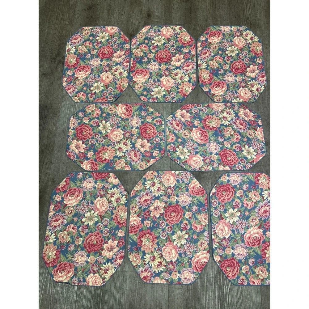 Vintage 80s 90s Quilted Placemats Set of 8 Cottagecore Cabbage Rose Floral Blue